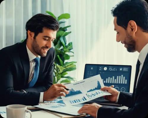 Two businessmen looking at financial charts on a laptop